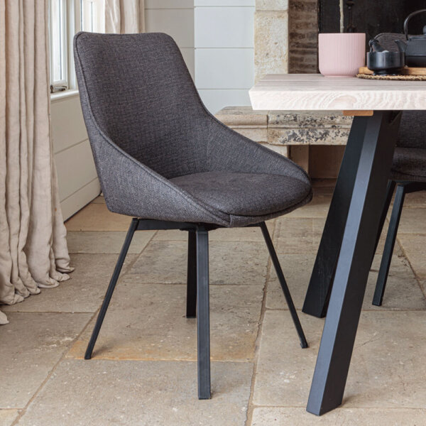 Fabric Dining Chair Dark Grey Gaudi Close Up on pale stone floor