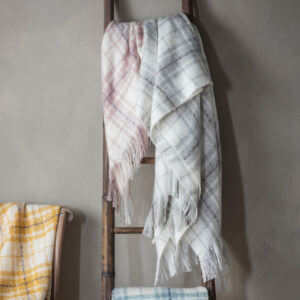 Imitation Mohair Tartan Throw-Heather draped over ladder with another throw in blue