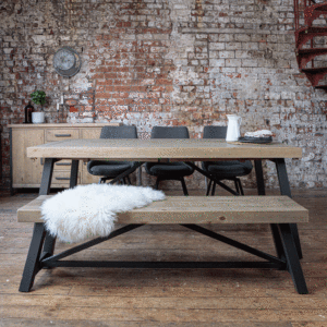 Urban 2 Metre Extendable Dining Table Set in a loft conversion with a jug on the table and fleece the bench