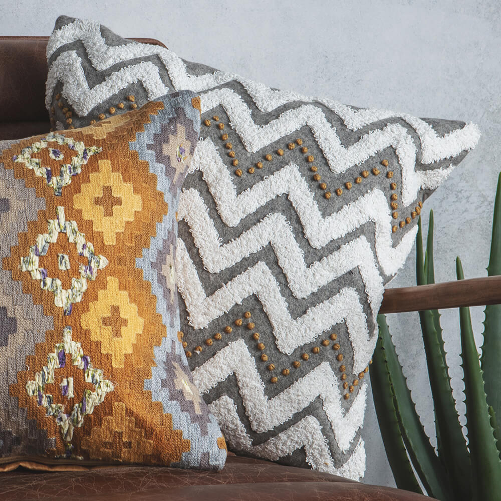 Marrakesh Hand Woven Cushion - White/Grey/Ochre