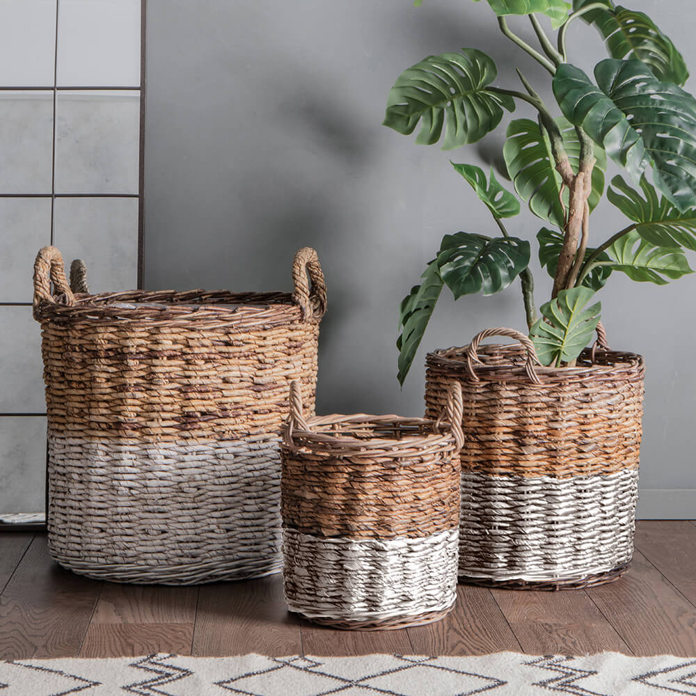 Rustica tube Baskets white And Natural Set Of 3 varying sizes