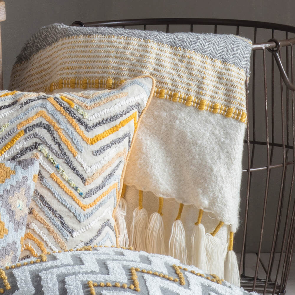 Tassel Textured Throw - Ochre/Grey