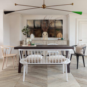 Kitsilano 1.7m extendable solid oak dining table dark brown with white bench and 4 chairs around