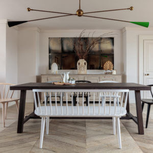 Kitsilano 2.2m extendable solid oak dining table dark brown with white bench and 4 chairs around