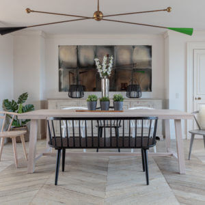 Kitsilano 2.2m extendable solid oak dining table- whitewash with black bench and 4 chairs around