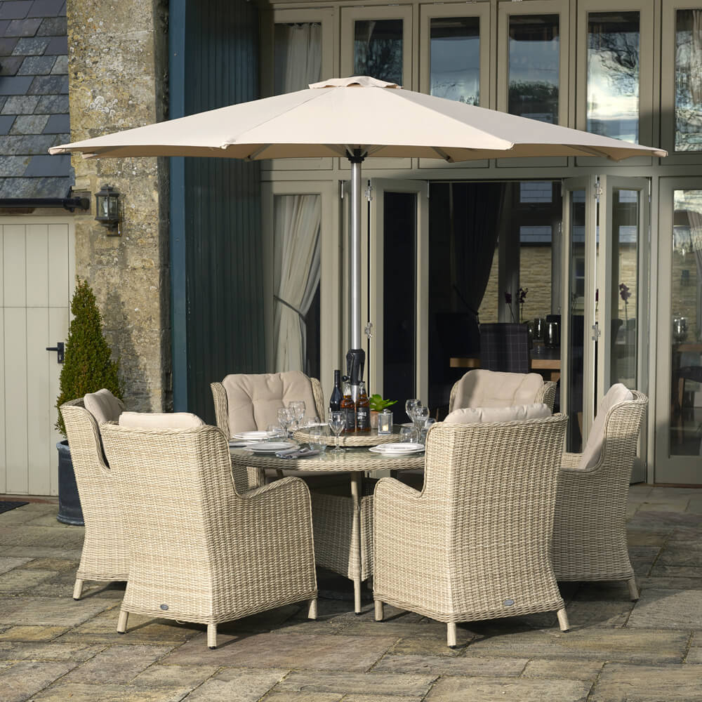 2021 Bramblecrest Chedworth 6 Seat Garden Dining Set With Round Table, High-Back Armchairs & Lazy Susan - Sandstone