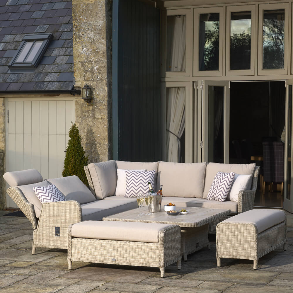 2021 Bramblecrest Chedworth Reclining Garden Sofa Set with Square Ceramic Adjustable Dining Table - Sandstone