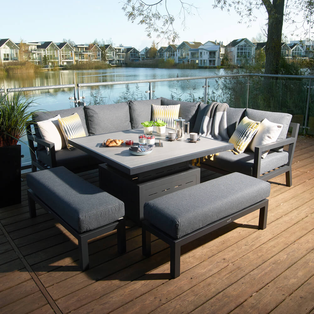 2021 Bramblecrest La Rochelle Outdoor Sofa Set With Square Adjustable Dining Table & 2 Benches - Anthracite/Dark Grey