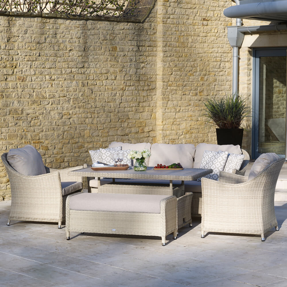 2021 Bramblecrest Monterey 3 Seat Outdoor Sofa Set With Ceramic Adjustable Dining Table - Sandstone