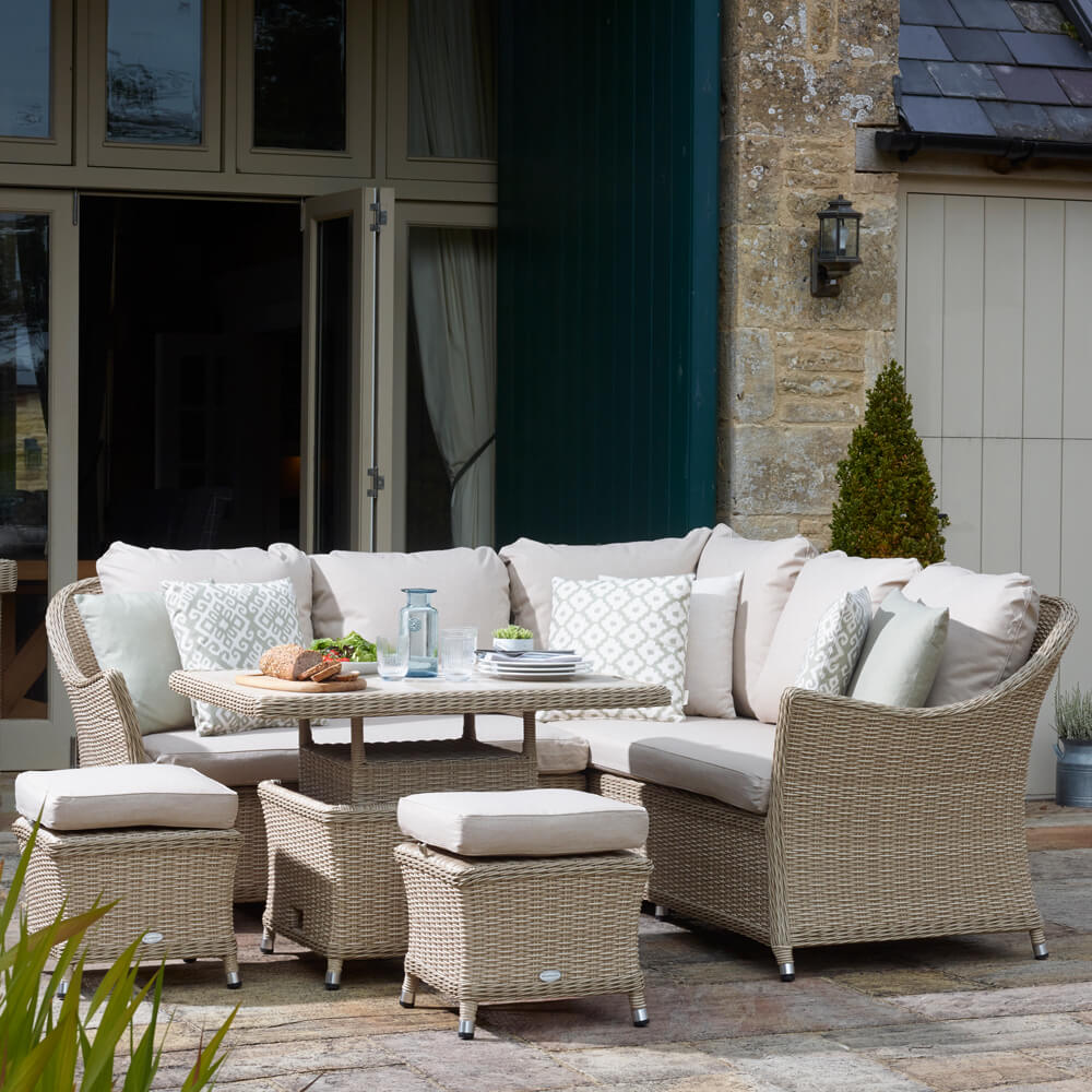 2021 Bramblecrest Monterey Outdoor Sofa Set With Mini Ceramic Adjustable Garden Dining Table - Sandstone