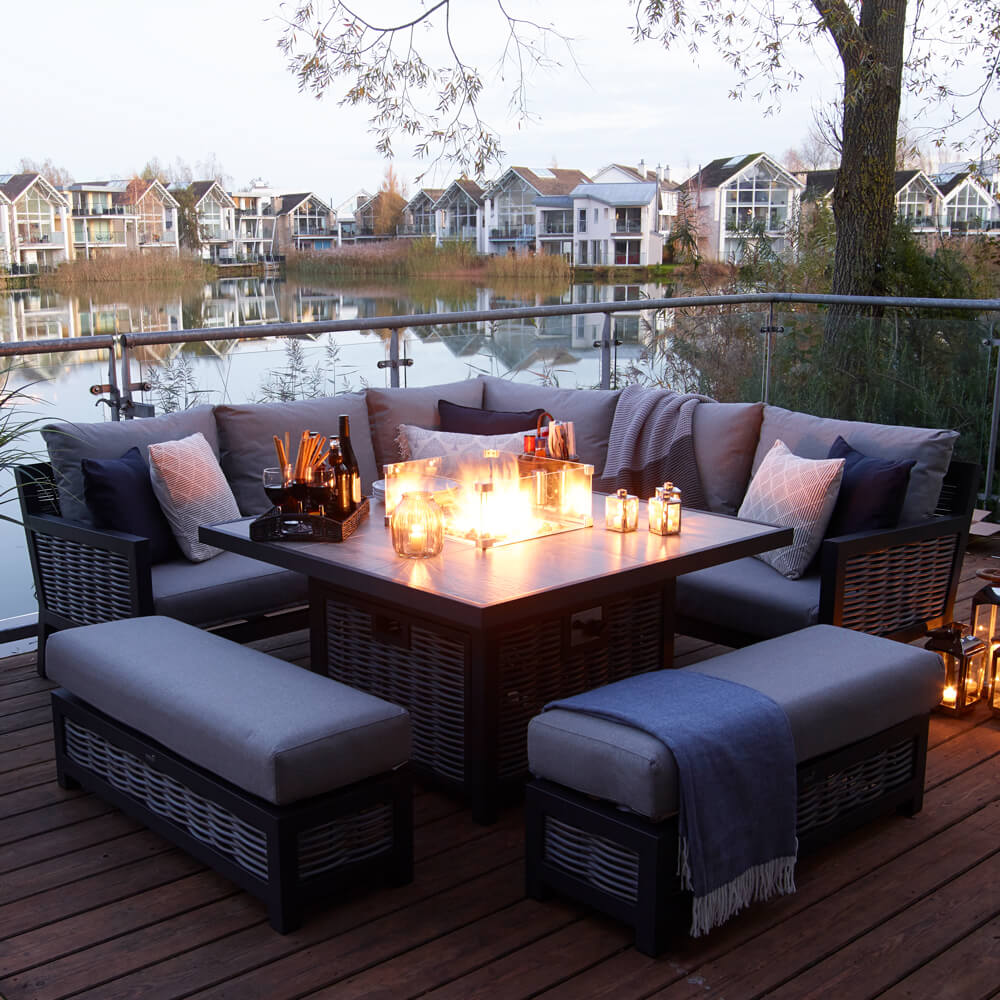 2021 Bramblecrest Portofino Garden Sofa Set With Square Fire Pit Dining Table & 2 Benches