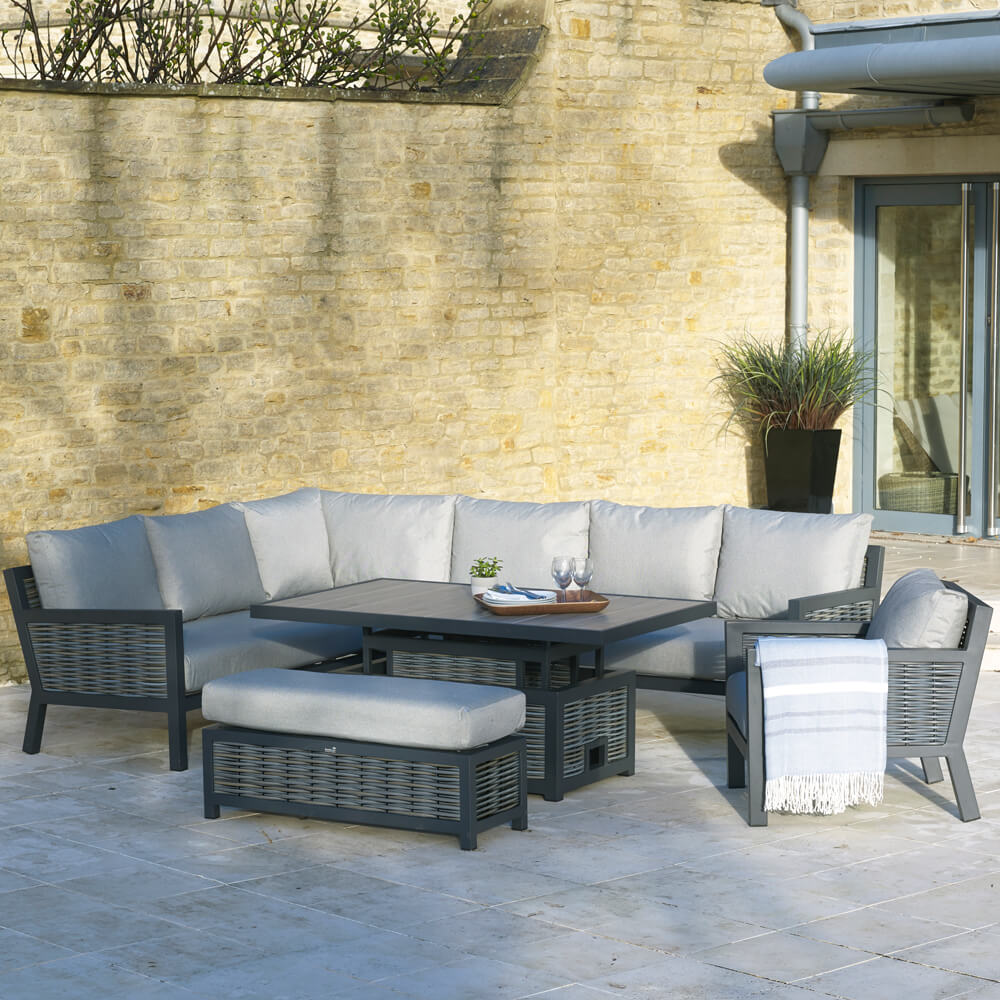 2021 Bramblecrest Portofino Rectangle Outdoor Sofa Set with Adjustable Table, Bench & Arm Chair