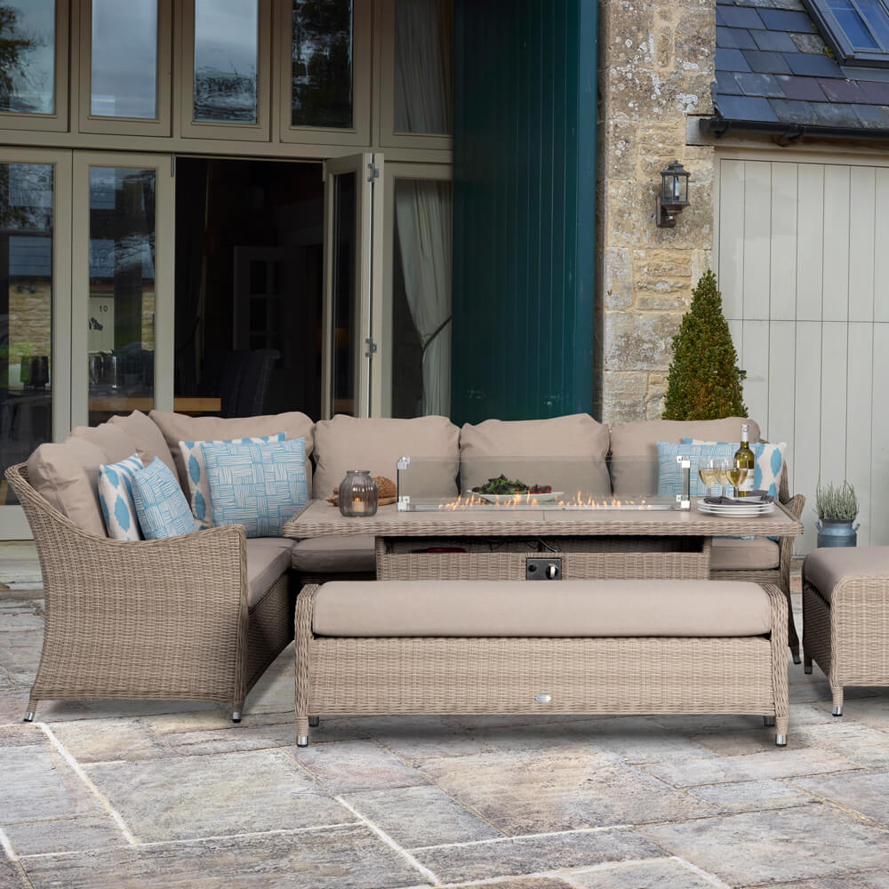 2021 Bramblecrest Monterey Garden Sofa Set With Rectangle Fire Pit Dining Table & 2 Benches - Sandstone