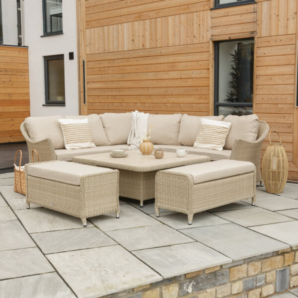 Bramblecrest Monterey Outdoor Sofa Set With Square Adjustable Ceramic Dining Table - Sandstone with table lowered