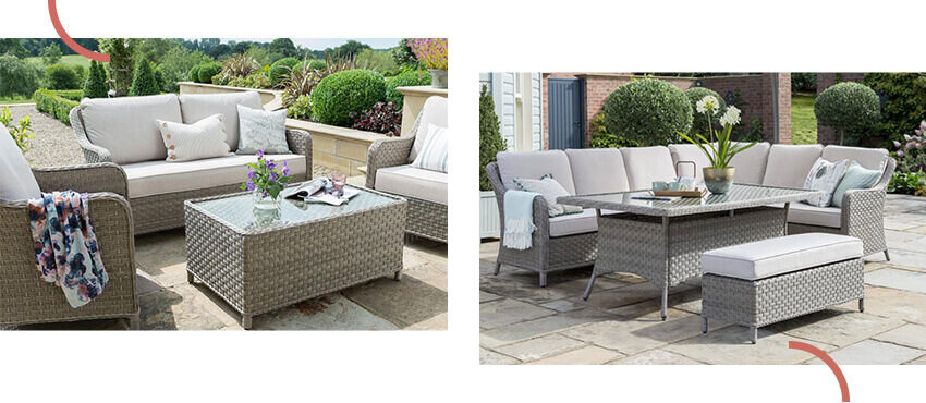 Image of 2021 Kettler Charlbury Garden Lounge Set Next to An Image Of the 2021 Kettler Charlbury Casual Garden Dining Corner Sofa Set