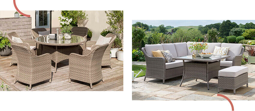Image Of 2021 Kettler Charlbury 6 Seat Garden Dining Set With Round Table Next To An Image Of the 2021 Kettler Charlbury Casual Mini Corner Set