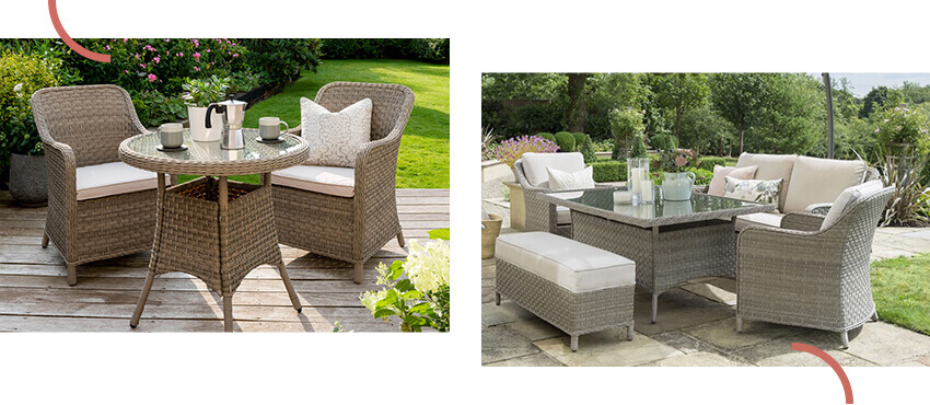 Image Of the 2021 Kettler Charlbury Garden Bistro Table Set next to an image of the 2021 Kettler Charlbury Casual 6 Seat Garden Dining Sofa Set