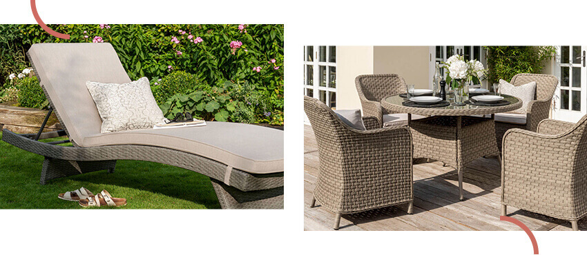 Image Of The 2021 Kettler Charlbury Garden Lounger Next To An Image Of The 2021 Kettler Charlbury 4 Seat Round Dining Table Set