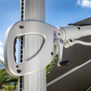 Close up of squeeze hand lever for Hartman Caribbean 3.5m Round Cantilever Parasol on a white background