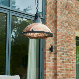 Kettler Copper Pendant Hanging Heater on outdoor patio next to house