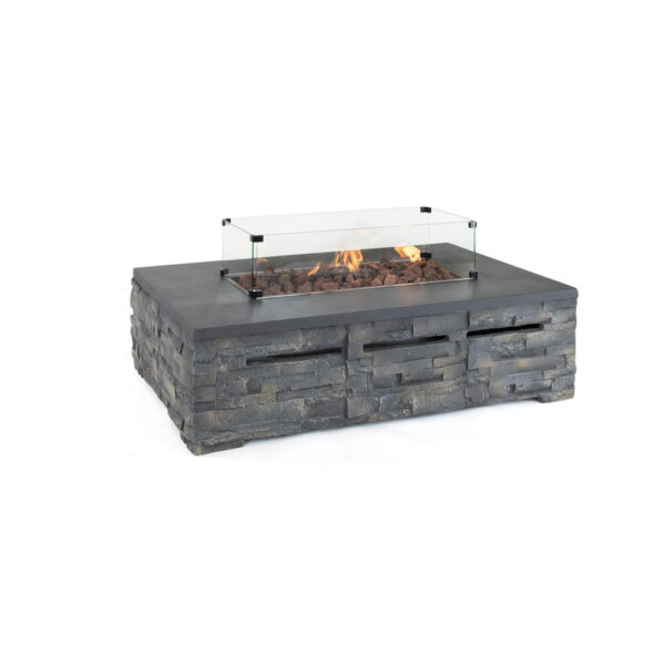Kettler Stone Fire Pit Coffee Table 132 x 85cm with Glass Shield and Cover on a white background