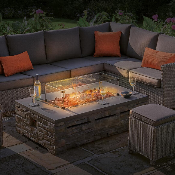 Kettler Stone Fire Pit Coffee Table 132 x 85cm with Glass Shield and Cover
