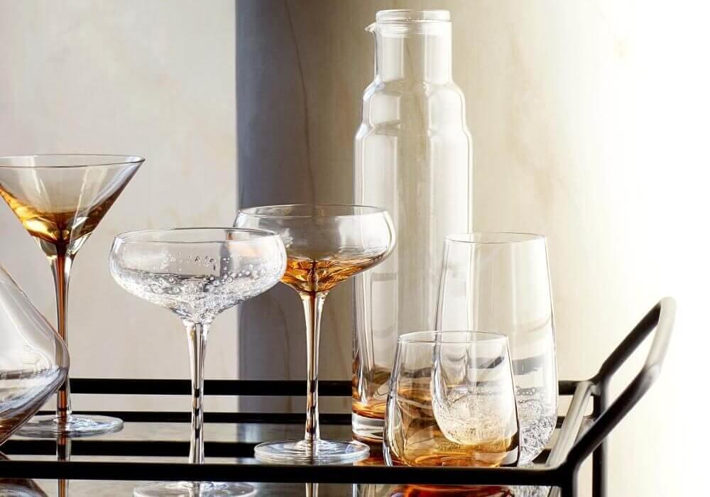 Melbury glasses and carafe on a drinks trolley