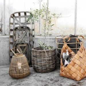 Carrick small woven pine storage basket With a plant in