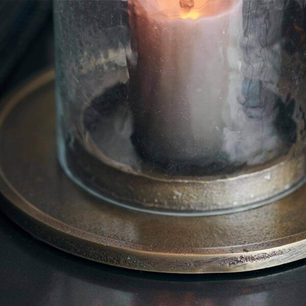 Close Up of Emsworthy Aluminium Hurricane Lantern In Brass With A Lit Candle