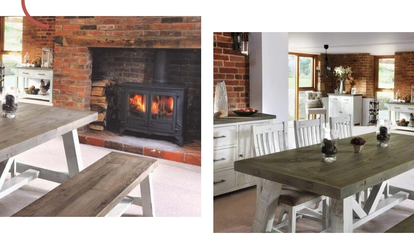modern farmhouse dining table next to fireplace and modern farmhouse dining table set in situ