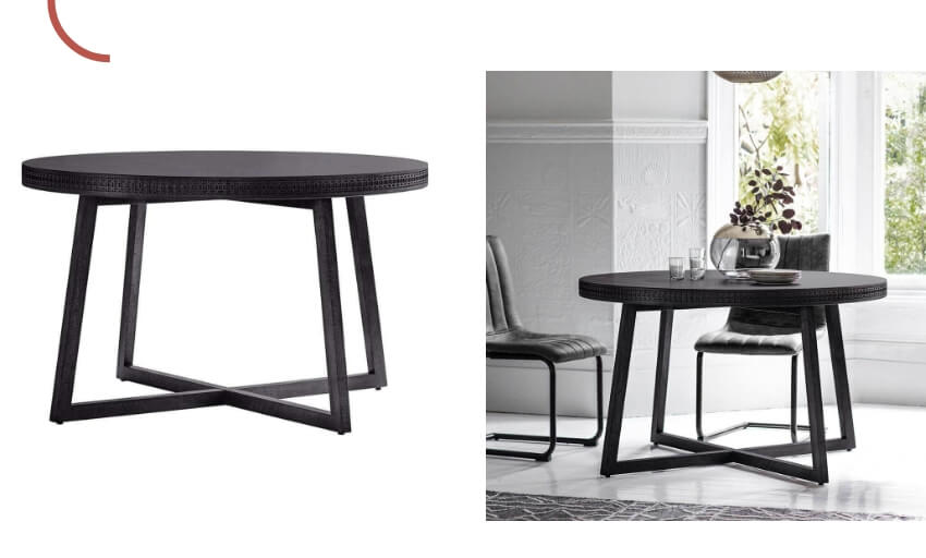 chic black round dining table on a white background and chic black round dining table set in situ