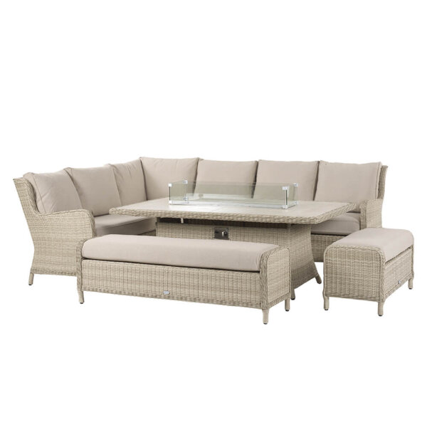 Bramblecrest Chedworth Garden Sofa Set with Rectangle Fire Pit Dining Table & 2 Benches - Sandstone on white background