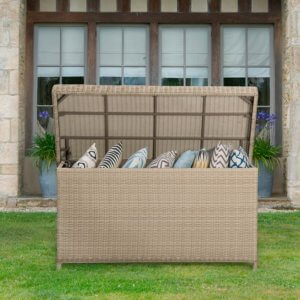 Bramblecrest cushion box with open lid, full of cushions on grass outside house window