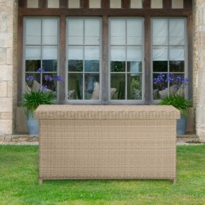 bramblecrest cushion box with closed lis on lawn infront of house