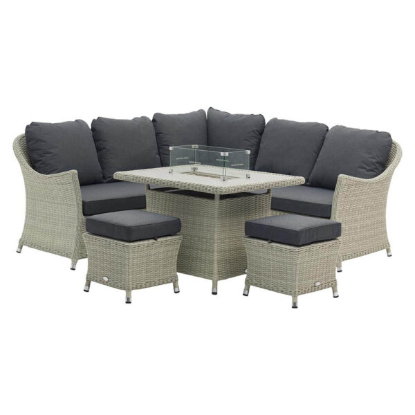 corner rattan garden dining set with fire pit on white background