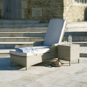 Bramblecrest Chedworth Reclining Lounger with Ceramic Top Coffee Table - Sandstone pictures infront of stone steps on patio
