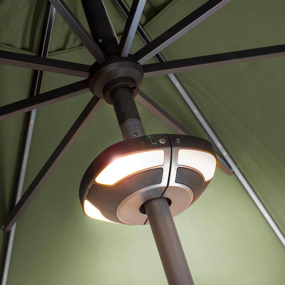 close up of Kettler parasol with LED lighting and wireless speaker