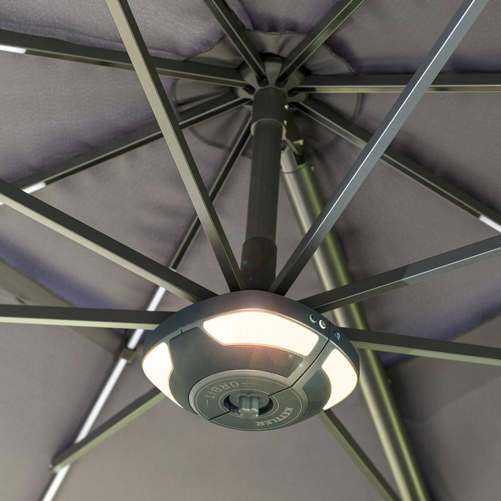 close up of Kettler parasol with in-built speaker and LED lighting