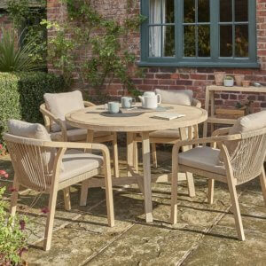 Kettler Cora Round 4 Seat Dining Table Set with Cora Rope Arm Chairs  - Acacia