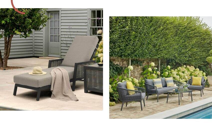 Cast Aluminium Garden Furniture banner showing Bramblecrest Portofino Reclining Lounger and Bramblecrest Palermo 2 Seat Coffee Sofa Set