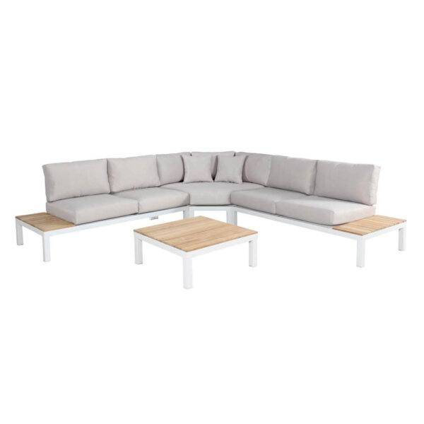 Kettler Elba Low Lounge Large White Corner Sofa Set on patio paving in the Sun