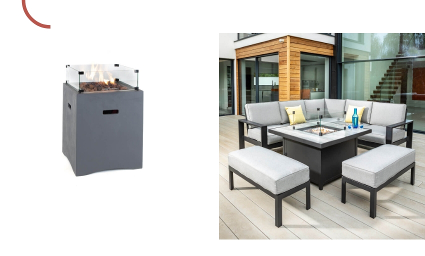 Outdoor heating ideas banner showing Kettler Universal Fire Pit and Hartman Apollo Square Fire Pit Dining Set