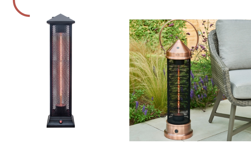 Outdoor heating ideas banner showing Electric Lantern Heater and Kettler Copper Patio Lantern