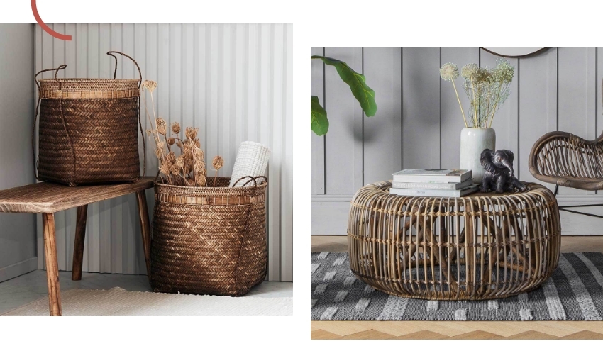 banner showing woven storage baskets and rattan coffee table