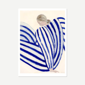 Female expressionist figure depicted wearing blue stripes art print