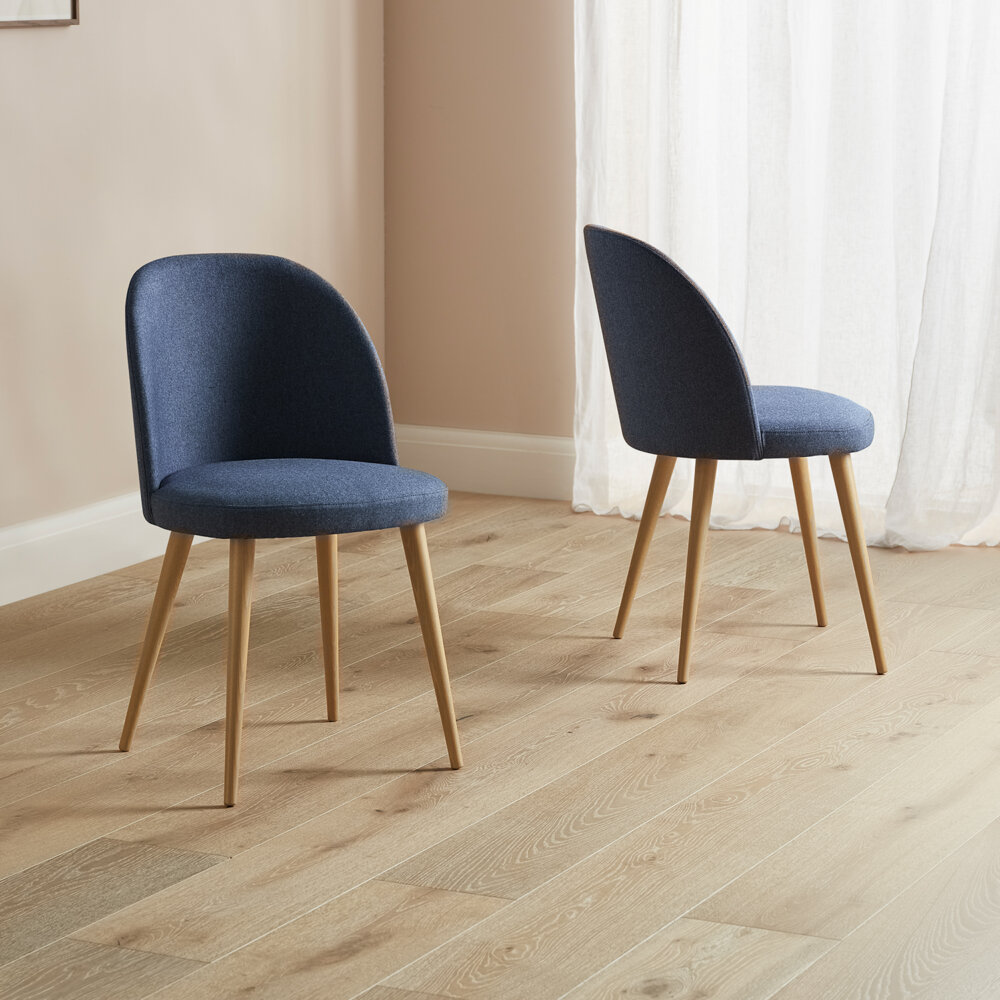 Blue denim style fabric cup back dining chairs with wood legs