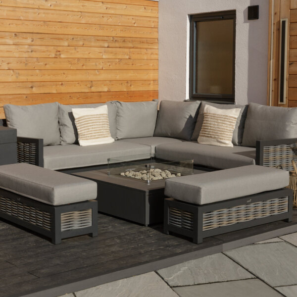 Bramblecrest Portofino Square corner sofa with Kettler Fire Pit & Side Table - sun bathed